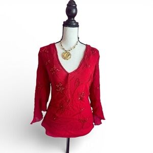 Silkland Y2k Red Embroidered Beaded Sheer Long Sleeve Blouse Women’s Large